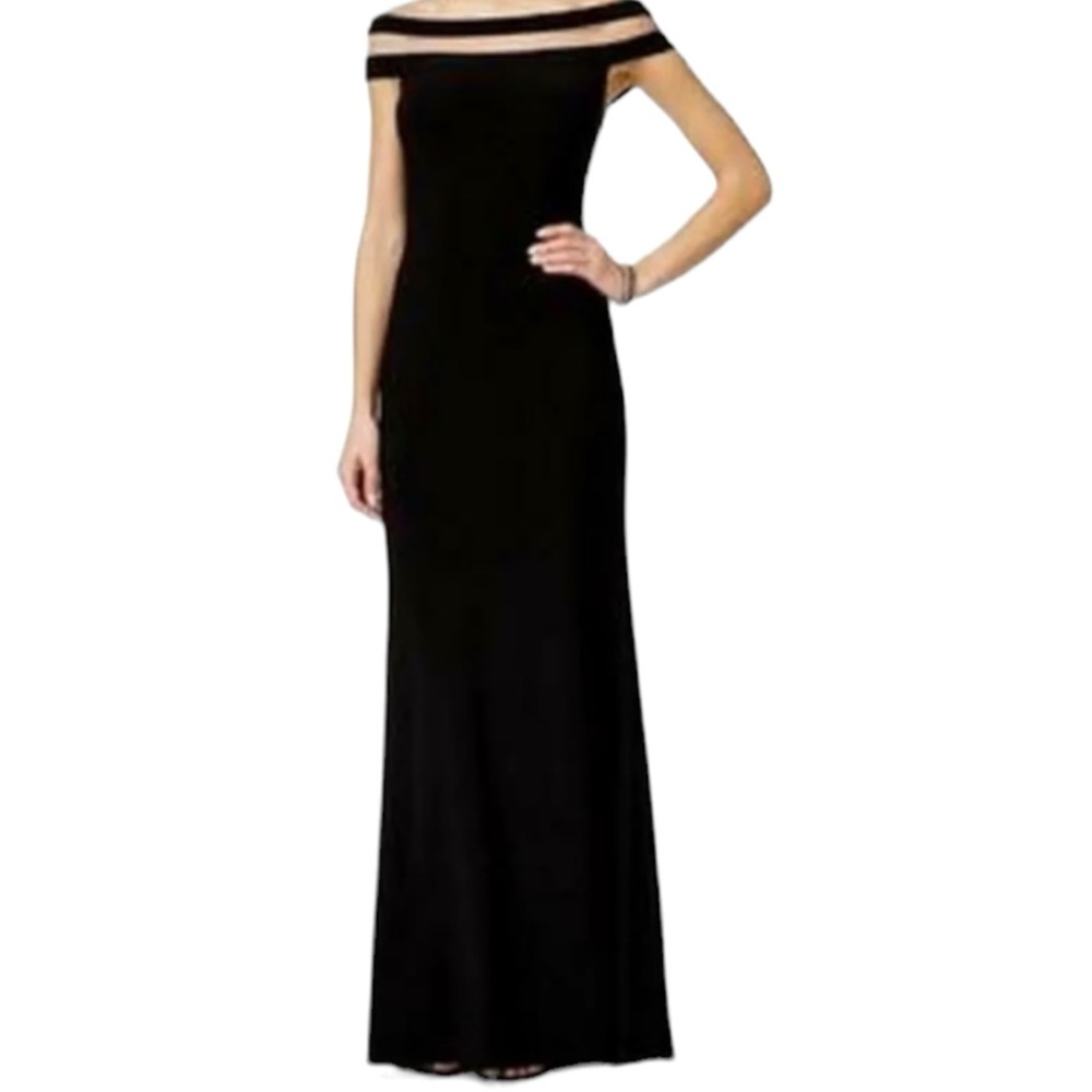Betsy & Adam Long Black Off The Shoulder Dress